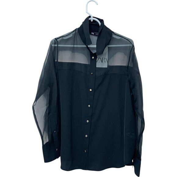 Zara Women Top Blouse Shirt Large L Black Sheer Combination 8372/259 NWT - Picture 2 of 11